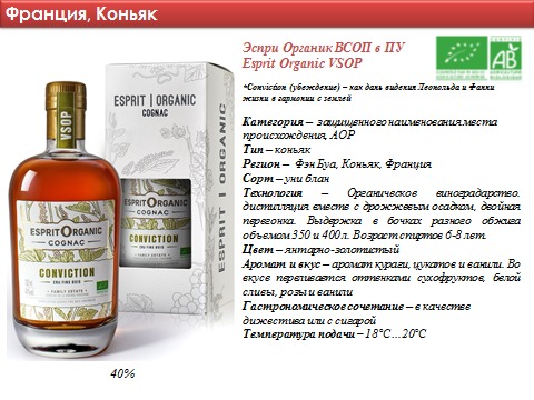 Esprit Organic — новый бренд коньяка на Российском рынке.